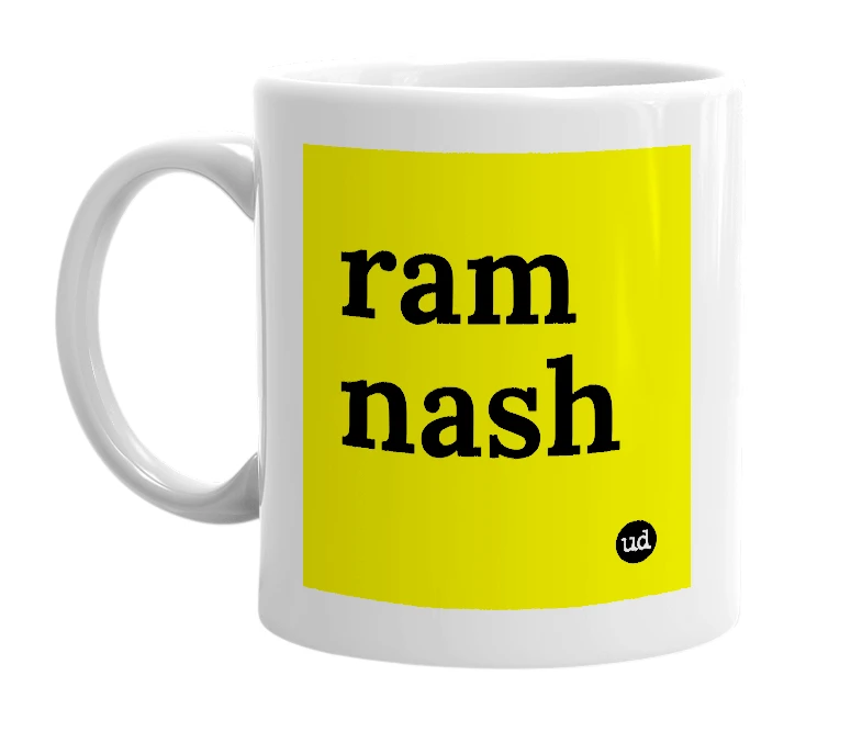 White mug with 'ram nash' in bold black letters