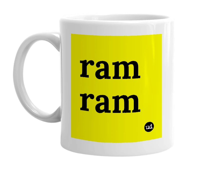 White mug with 'ram ram' in bold black letters