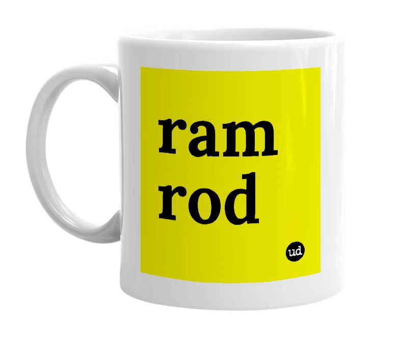 White mug with 'ram rod' in bold black letters