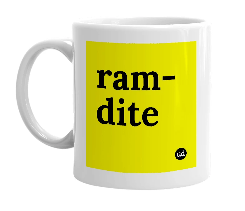 White mug with 'ram-dite' in bold black letters