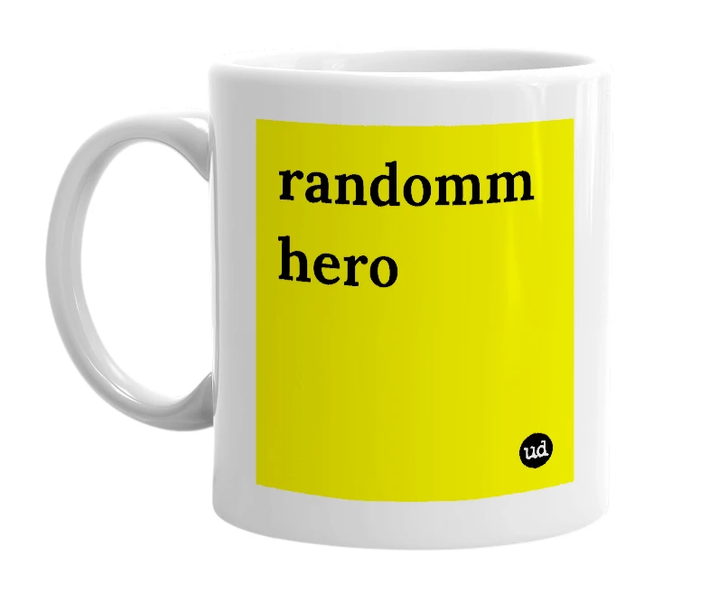White mug with 'randomm hero' in bold black letters