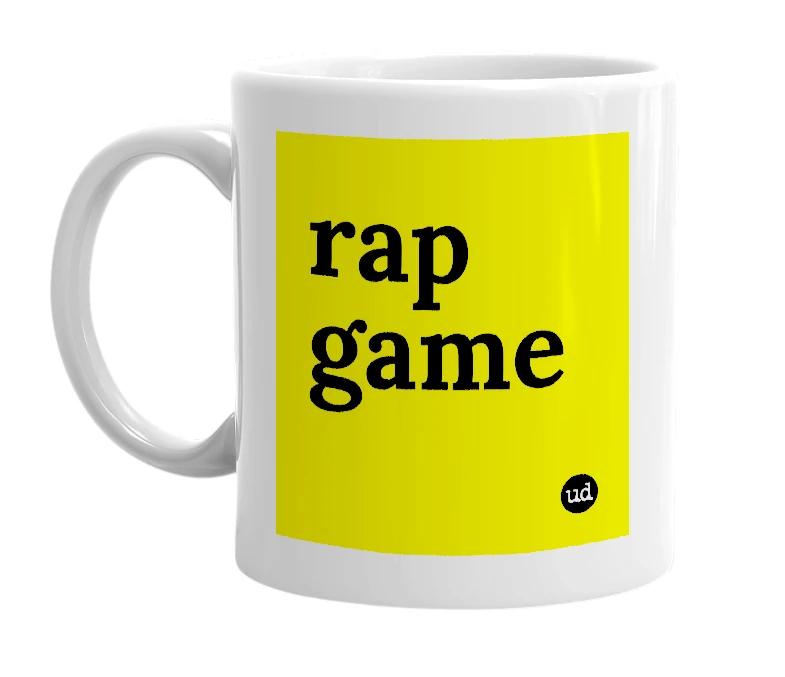 White mug with 'rap game' in bold black letters