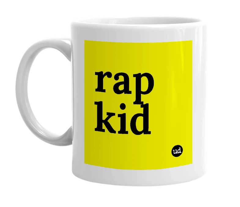 White mug with 'rap kid' in bold black letters