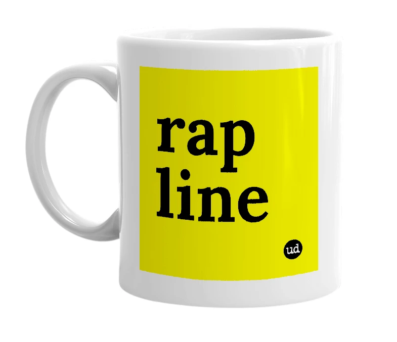 White mug with 'rap line' in bold black letters