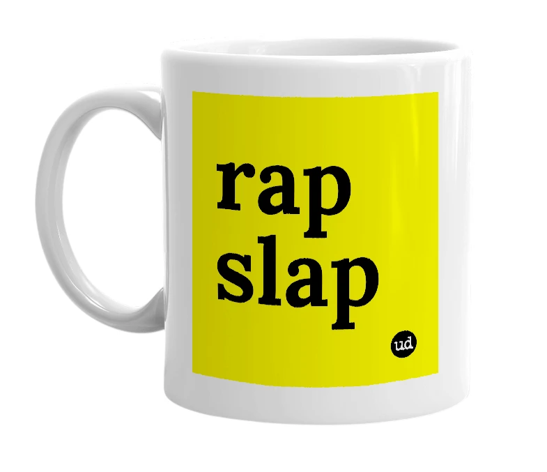White mug with 'rap slap' in bold black letters