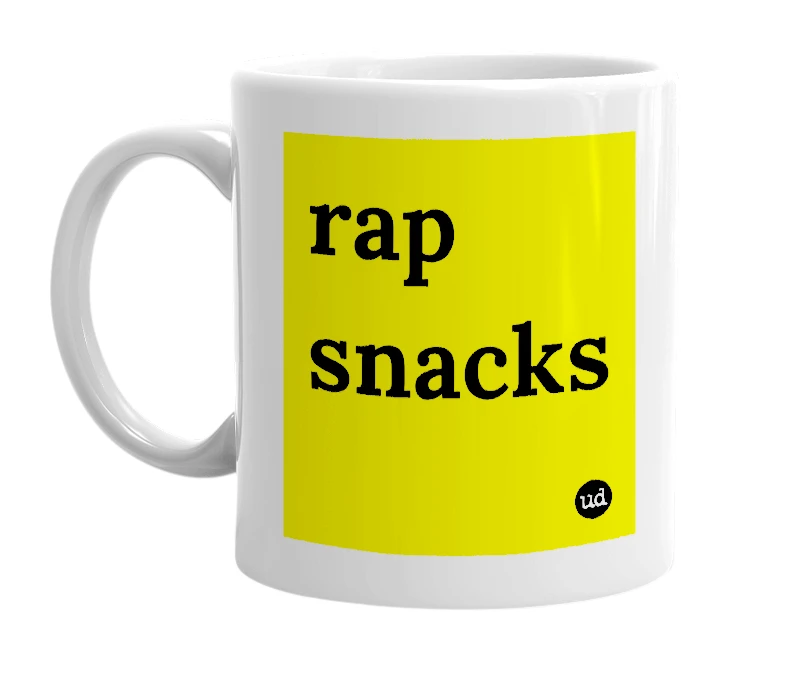 White mug with 'rap snacks' in bold black letters