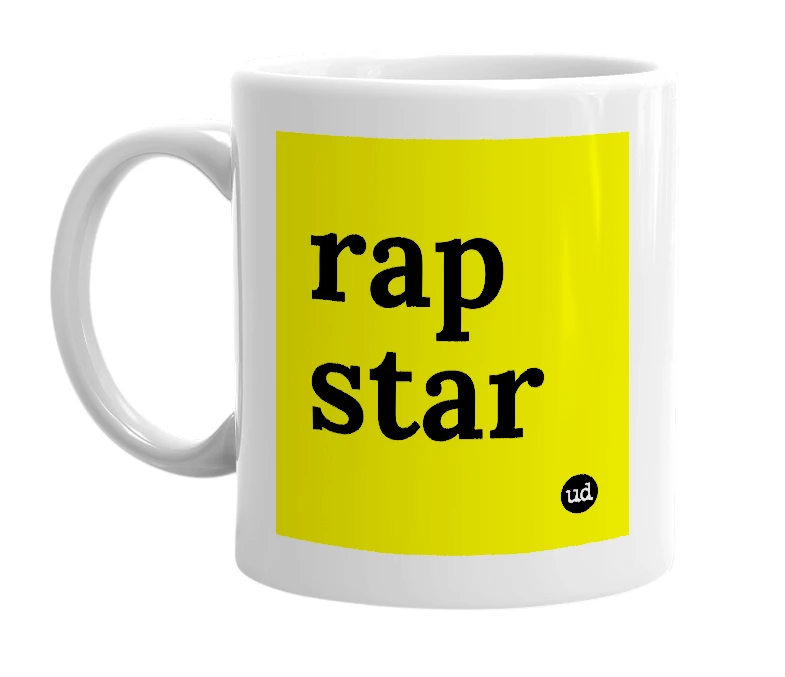 White mug with 'rap star' in bold black letters