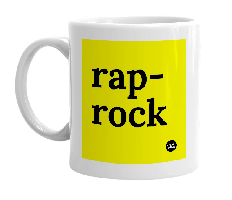 White mug with 'rap-rock' in bold black letters