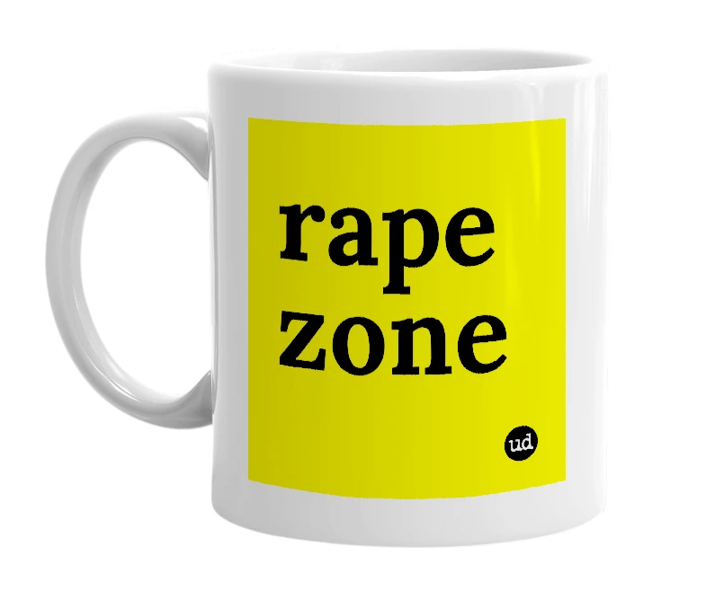 White mug with 'rape zone' in bold black letters