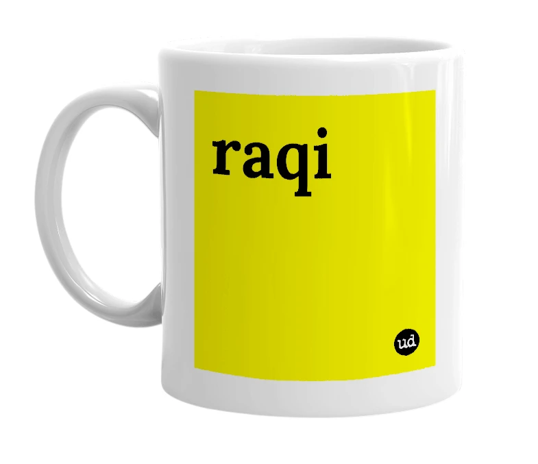White mug with 'raqi' in bold black letters