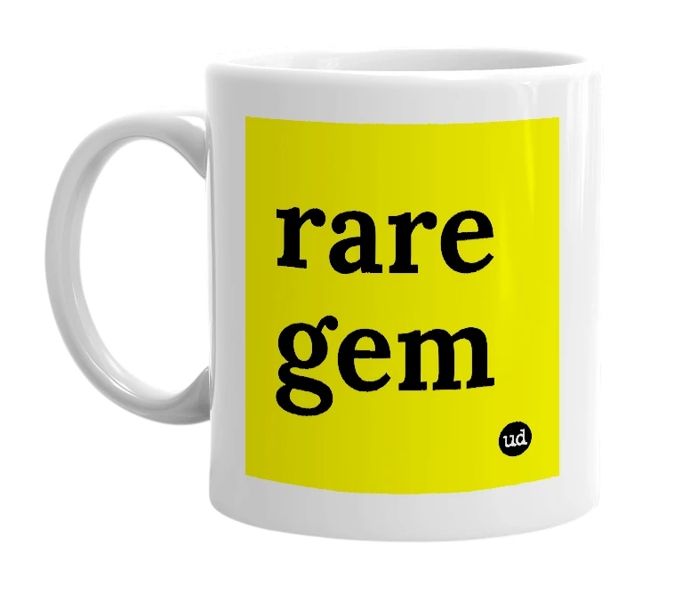 White mug with 'rare gem' in bold black letters