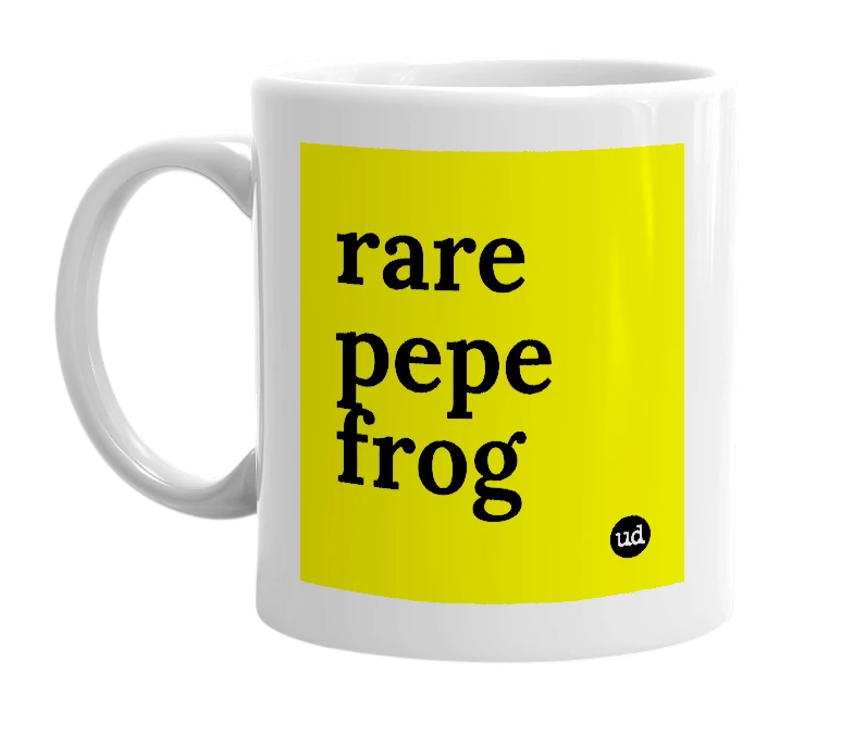 White mug with 'rare pepe frog' in bold black letters