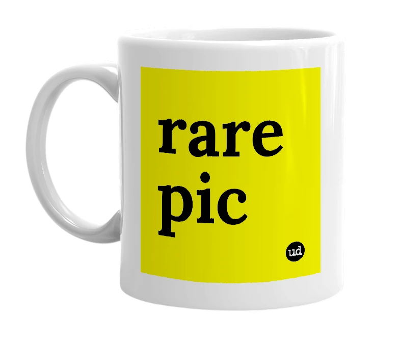 White mug with 'rare pic' in bold black letters