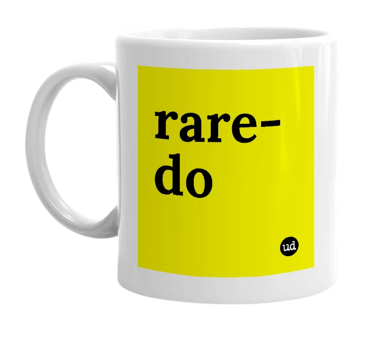 White mug with 'rare-do' in bold black letters