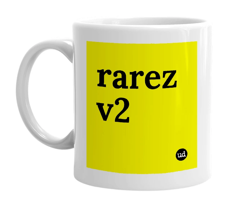 White mug with 'rarez v2' in bold black letters