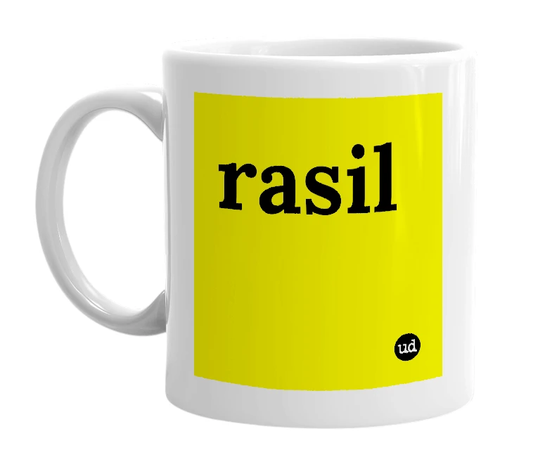 White mug with 'rasil' in bold black letters