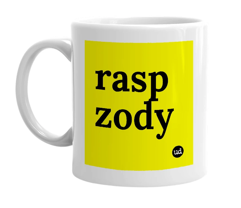 White mug with 'rasp zody' in bold black letters