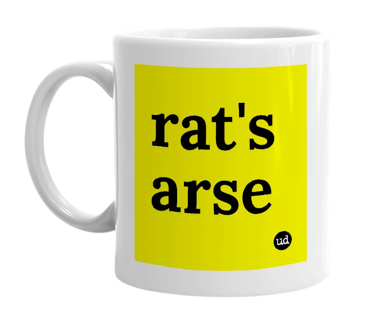 White mug with 'rat's arse' in bold black letters