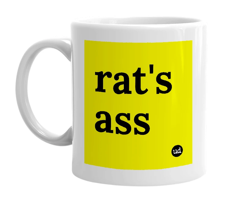 White mug with 'rat's ass' in bold black letters