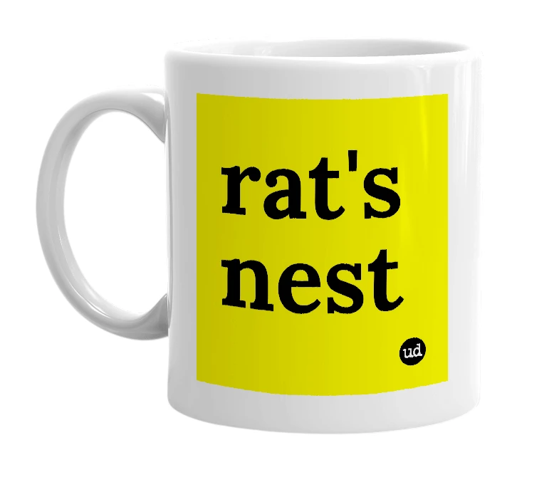 White mug with 'rat's nest' in bold black letters