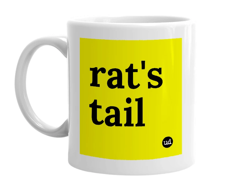 White mug with 'rat's tail' in bold black letters