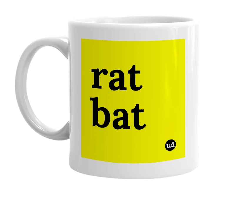 White mug with 'rat bat' in bold black letters