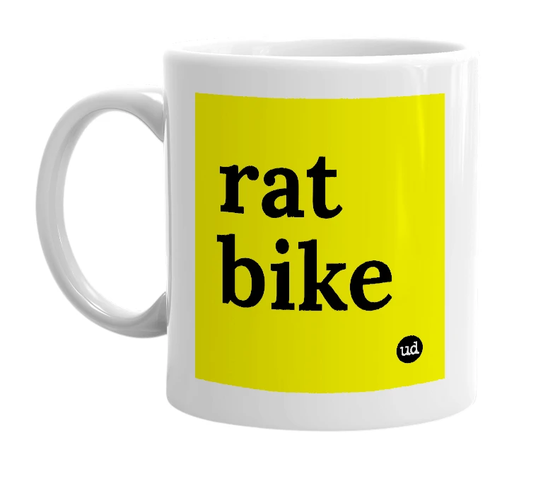 White mug with 'rat bike' in bold black letters