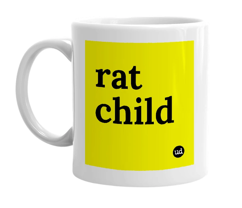 White mug with 'rat child' in bold black letters