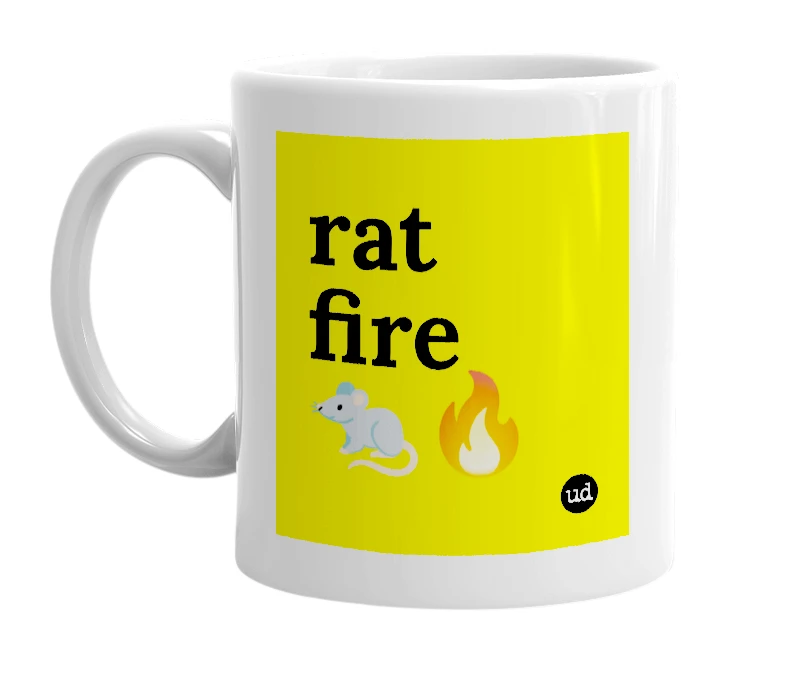 White mug with 'rat fire 🐀🔥' in bold black letters