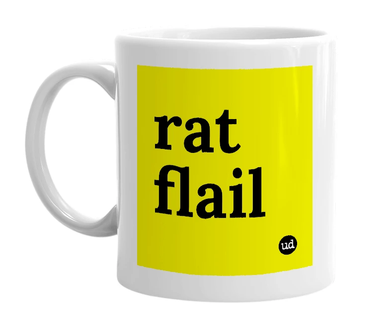 White mug with 'rat flail' in bold black letters