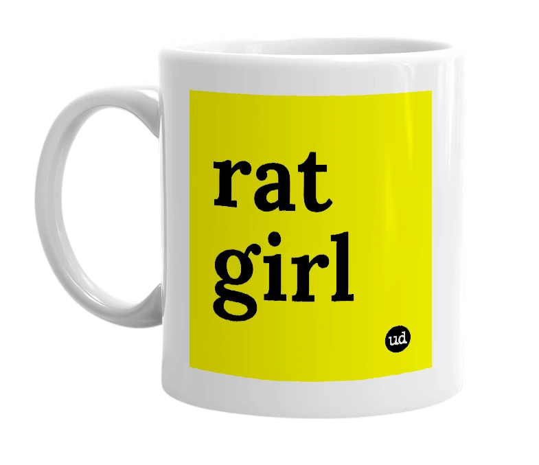 White mug with 'rat girl' in bold black letters