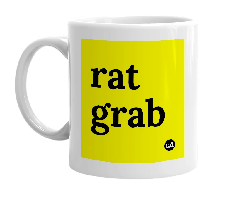 White mug with 'rat grab' in bold black letters