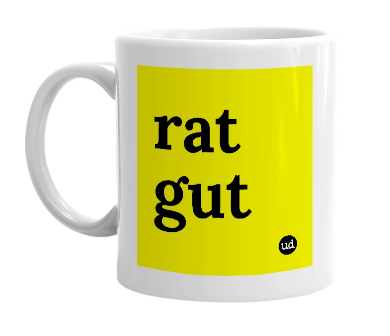 White mug with 'rat gut' in bold black letters