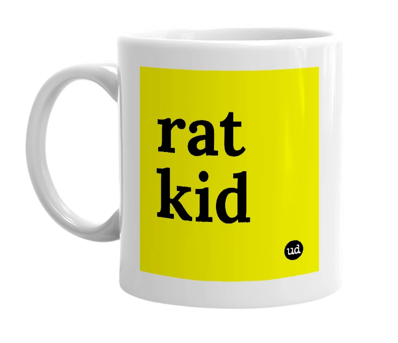 White mug with 'rat kid' in bold black letters