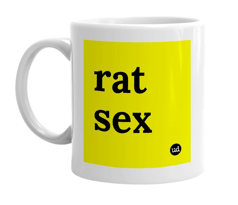 White mug with 'rat sex' in bold black letters
