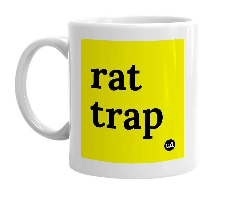 White mug with 'rat trap' in bold black letters