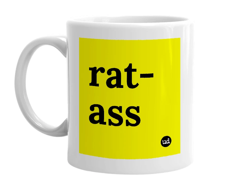 White mug with 'rat-ass' in bold black letters