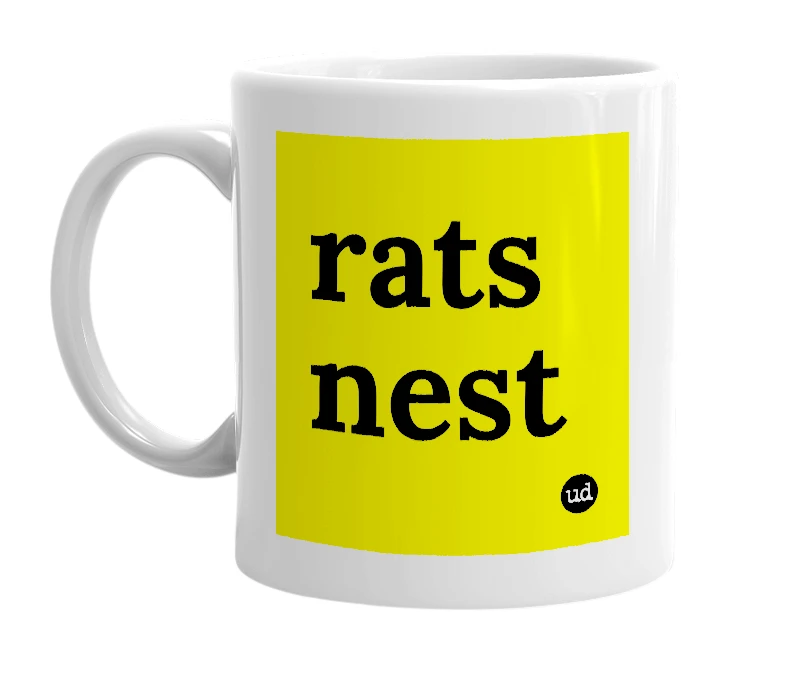 White mug with 'rats nest' in bold black letters