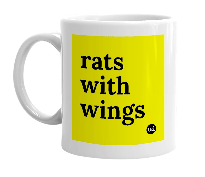 White mug with 'rats with wings' in bold black letters