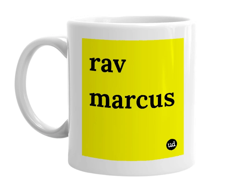 White mug with 'rav marcus' in bold black letters