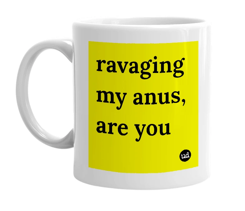 White mug with 'ravaging my anus, are you' in bold black letters