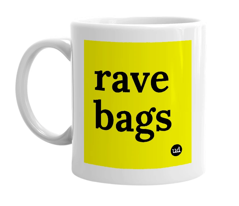 White mug with 'rave bags' in bold black letters