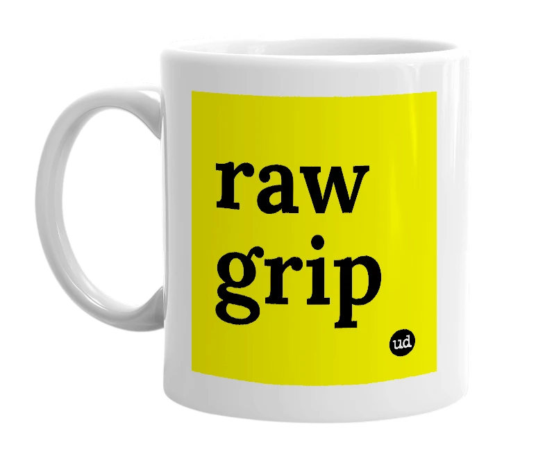 White mug with 'raw grip' in bold black letters