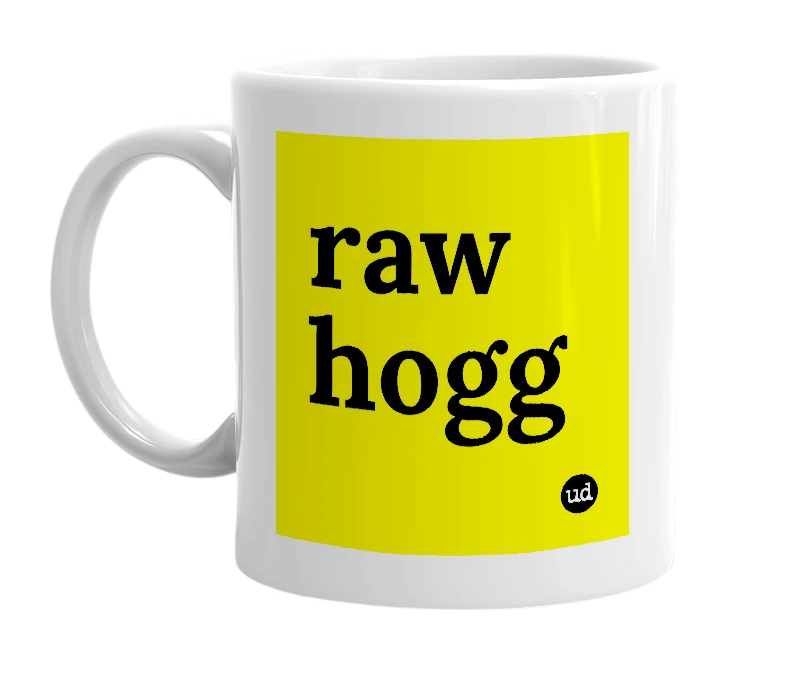 White mug with 'raw hogg' in bold black letters