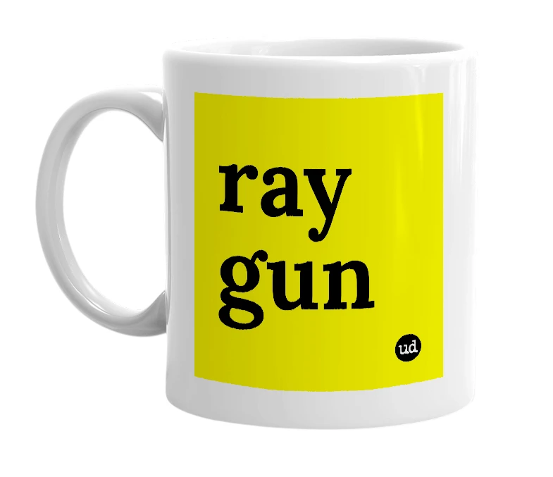 White mug with 'ray gun' in bold black letters