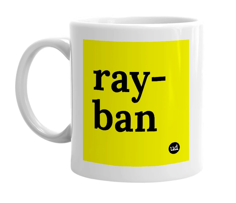 White mug with 'ray-ban' in bold black letters