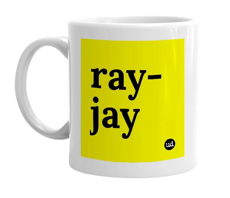 White mug with 'ray-jay' in bold black letters