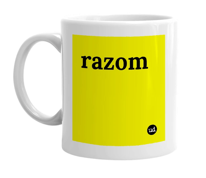 White mug with 'razom' in bold black letters