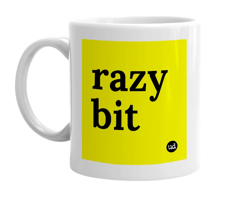 White mug with 'razy bit' in bold black letters