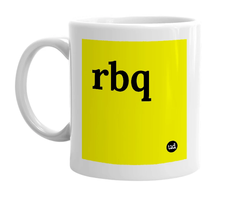 White mug with 'rbq' in bold black letters